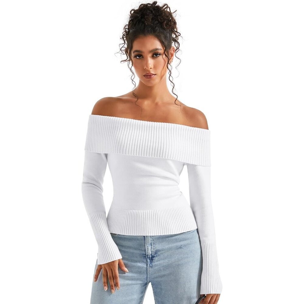Women Snow White Off Shoulder Long Sleeve Tops Blouse Sweaters